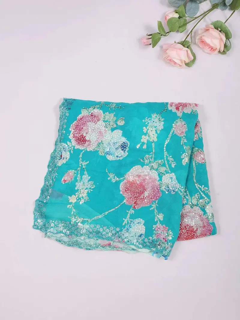 Turquoise Green Organza Saree With Floral Prints On The Body And Sequins Border 2