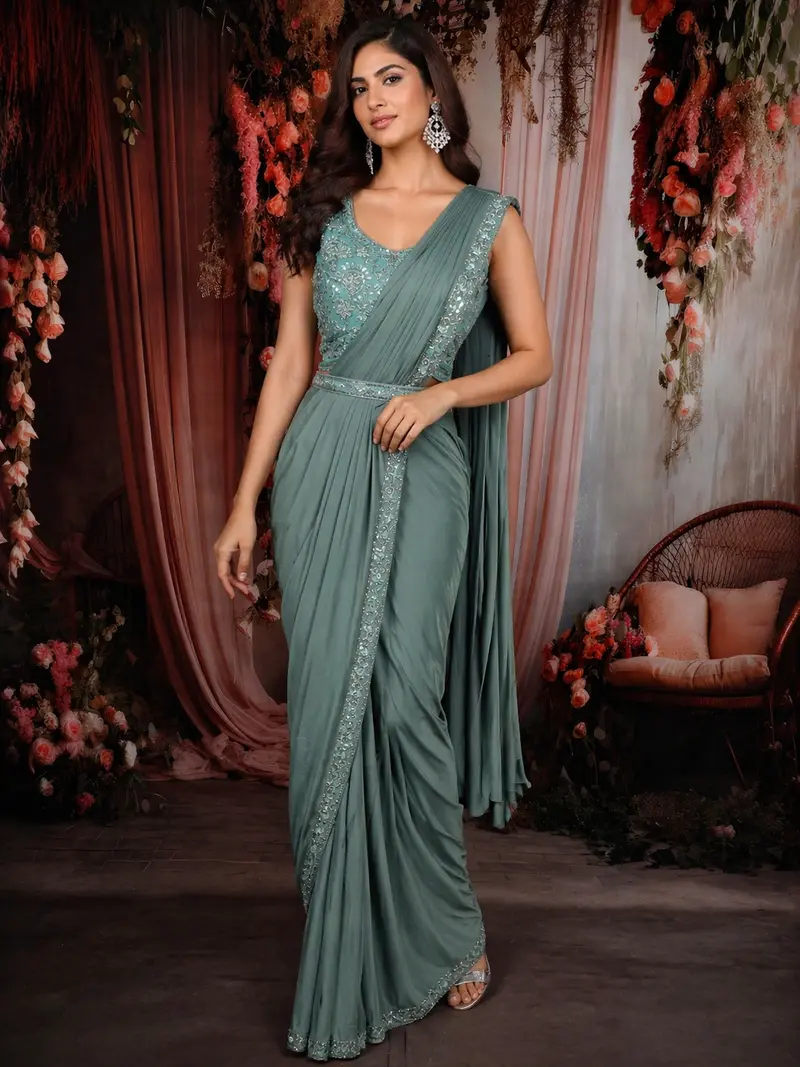 Turquoise Green Sequins And Beads Embroidered Design Net Ready To Wear Draped Saree With Designer Blouse 1