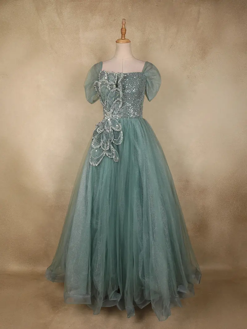 Turquoise Green Sequins Embellished Design Net Ball Gown With Puff Sleeves 1