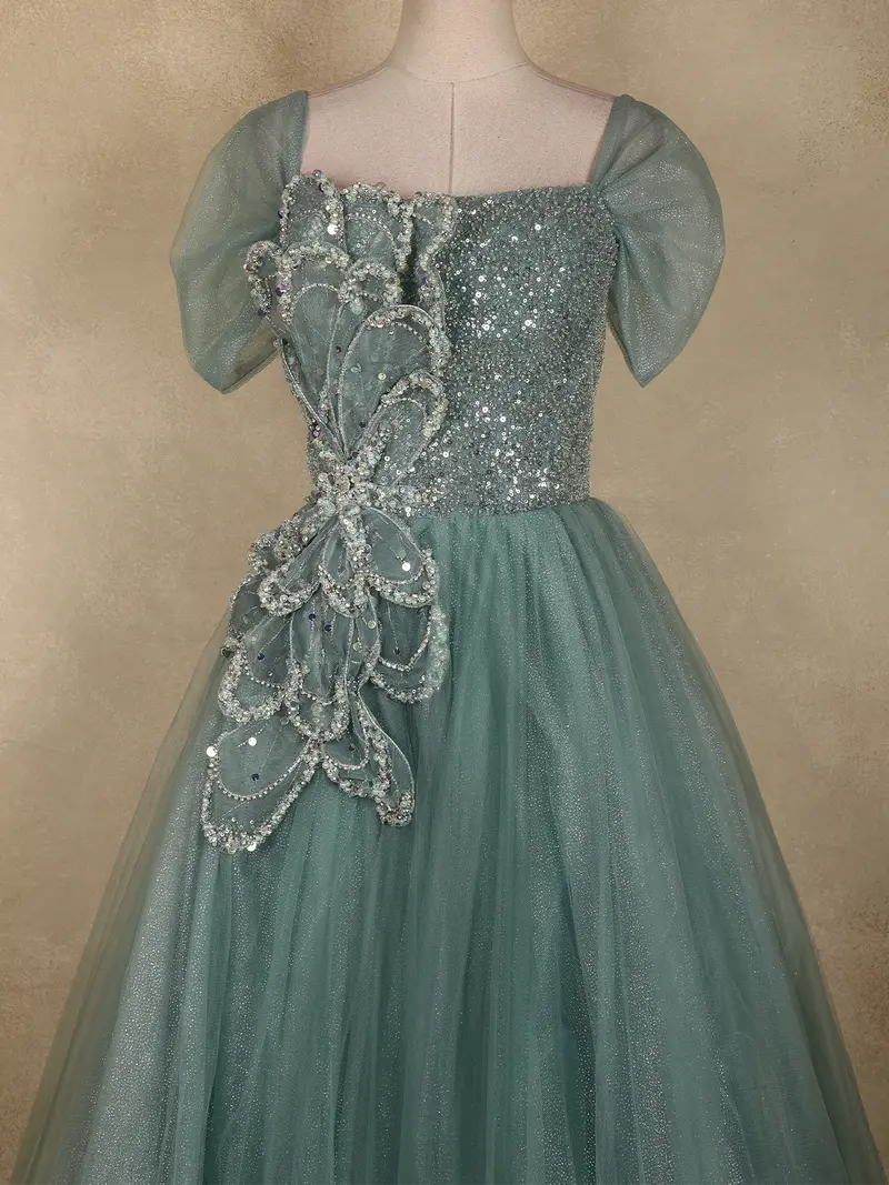 Turquoise Green Sequins Embellished Design Net Ball Gown With Puff Sleeves 2