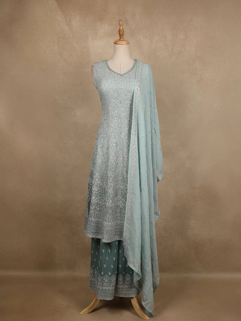 Turquoise Green Sequins Embroidered Georgette Palazzo Suit 1