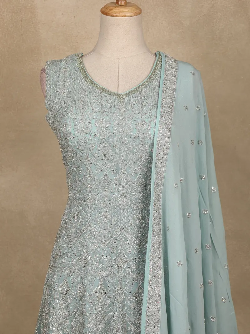 Turquoise Green Sequins Embroidered Georgette Palazzo Suit 2