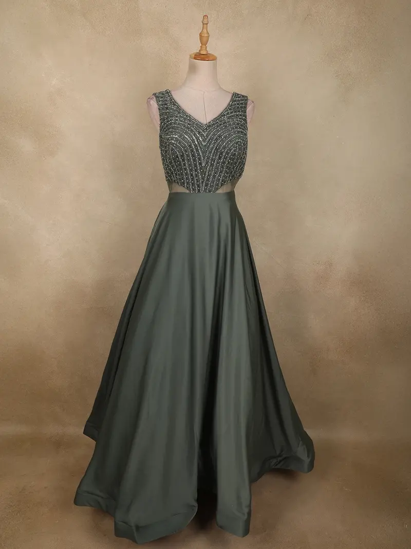 Turquoise Green Stone And Beads Embroidered Design Satin Partywear Gown 1