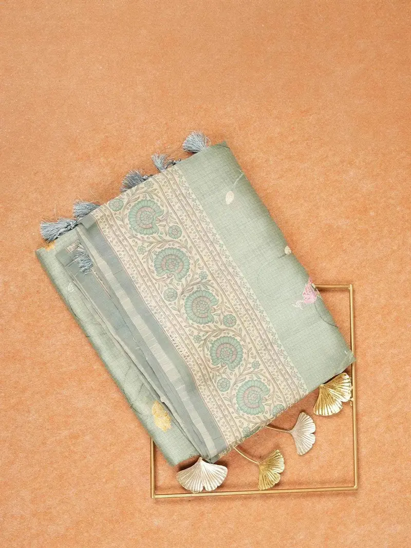 Turquoise Green Tussar Silk Saree With Floral Designs On The Body And With Designed Border 1