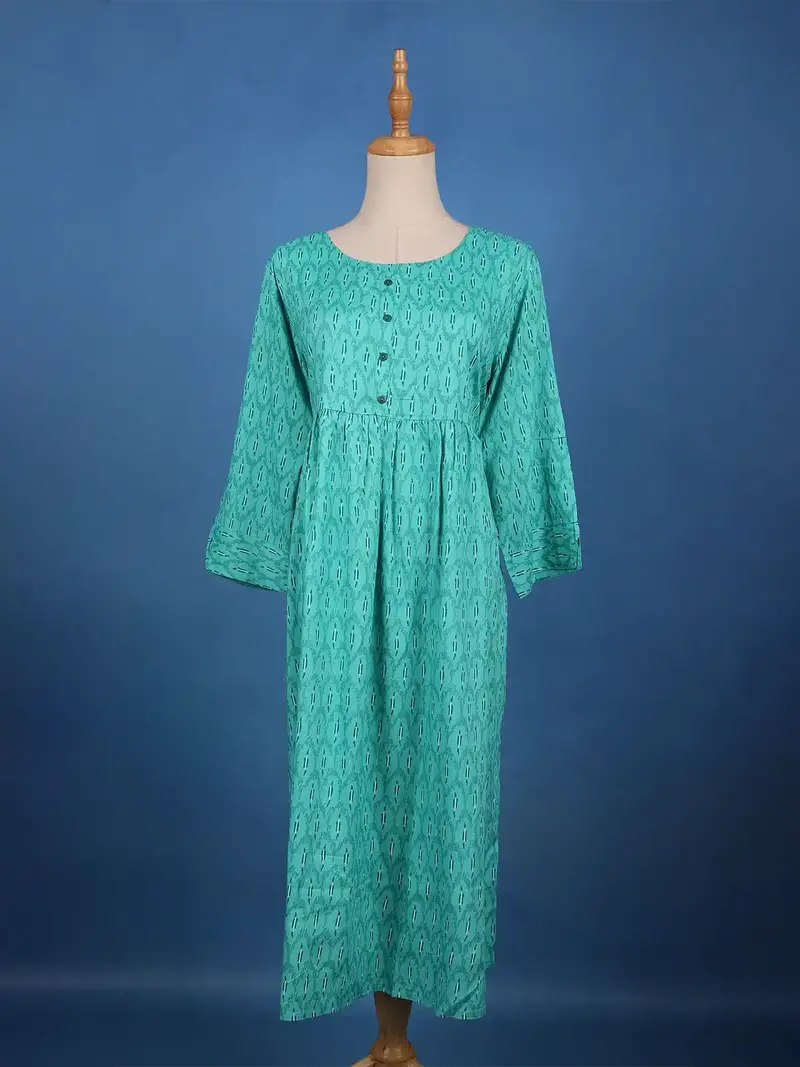 Turquoise Green With Ikat-Inspired Print Rayon Kurti 1