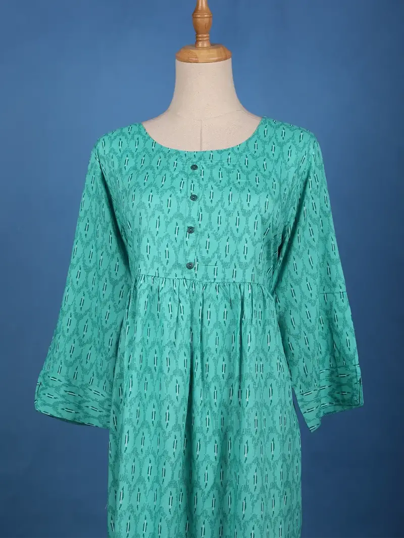 Turquoise Green With Ikat-Inspired Print Rayon Kurti 2