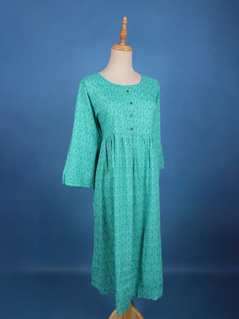 Turquoise Green With Ikat-Inspired Print Rayon Kurti 3