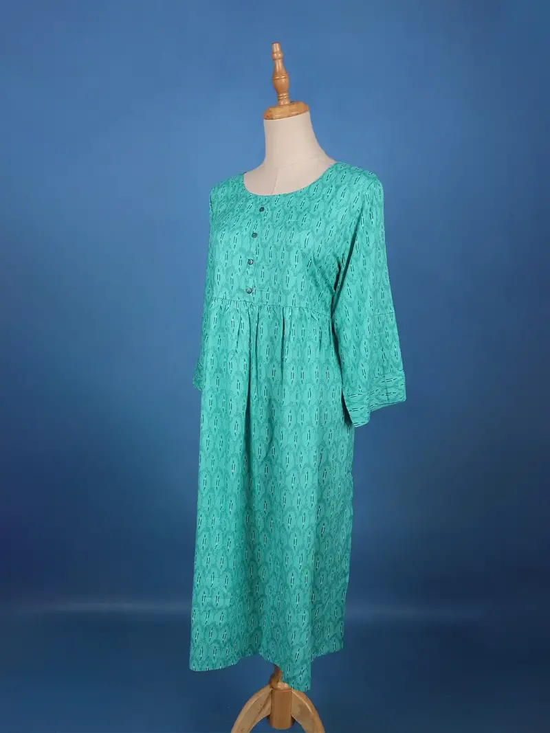 Turquoise Green With Ikat-Inspired Print Rayon Kurti 4