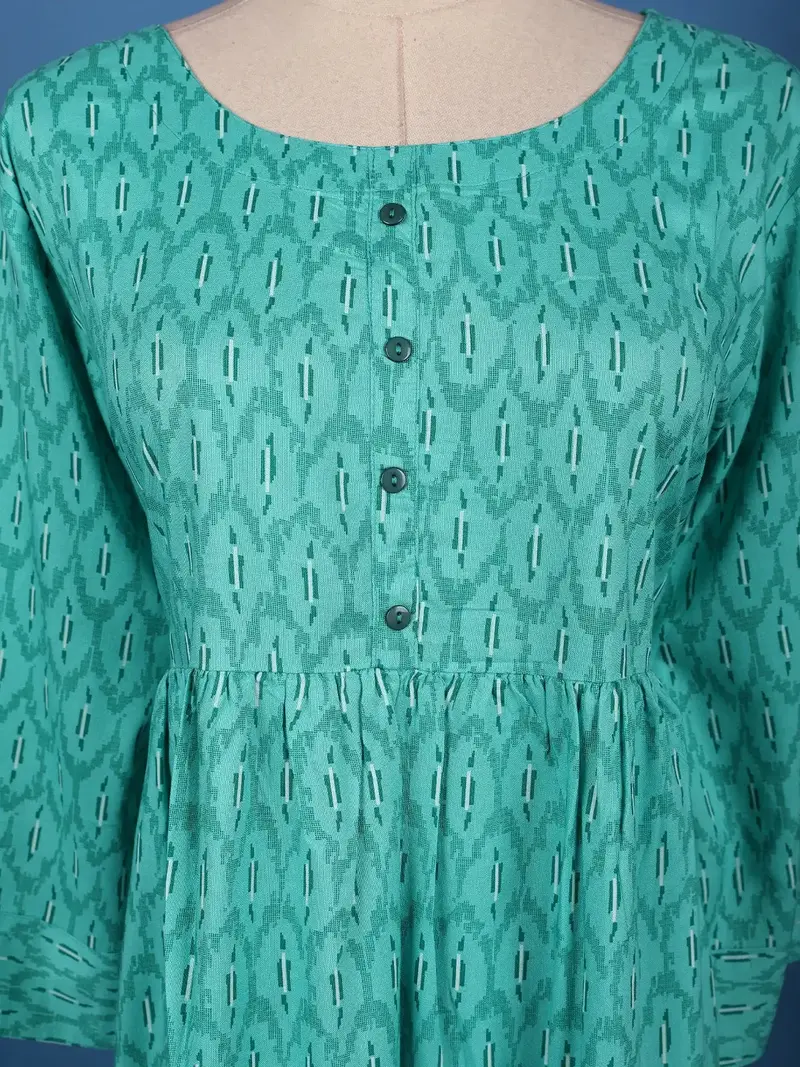 Turquoise Green With Ikat-Inspired Print Rayon Kurti 5