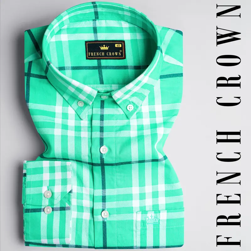 Turquoise Green With White Twill Plaid Premium Cotton Shirt 1