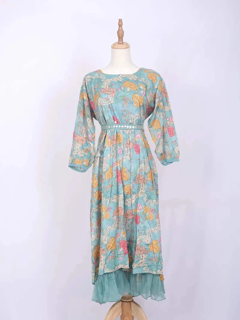 Turquoise Kurti Enhanced With Floral Prints And Sequins Along With Waist Belt 1