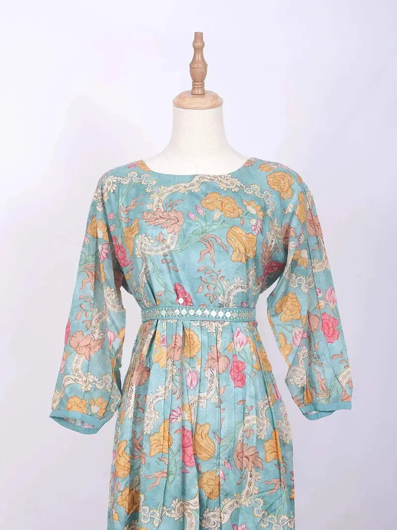 Turquoise Kurti Enhanced With Floral Prints And Sequins Along With Waist Belt 2