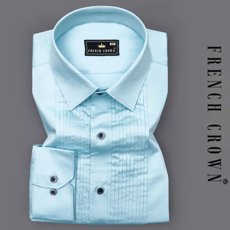 Turquoise Sky Blue Subtle Sheen Snake Pleated Super Soft Premium Cotton Tuxedo Shirt 1