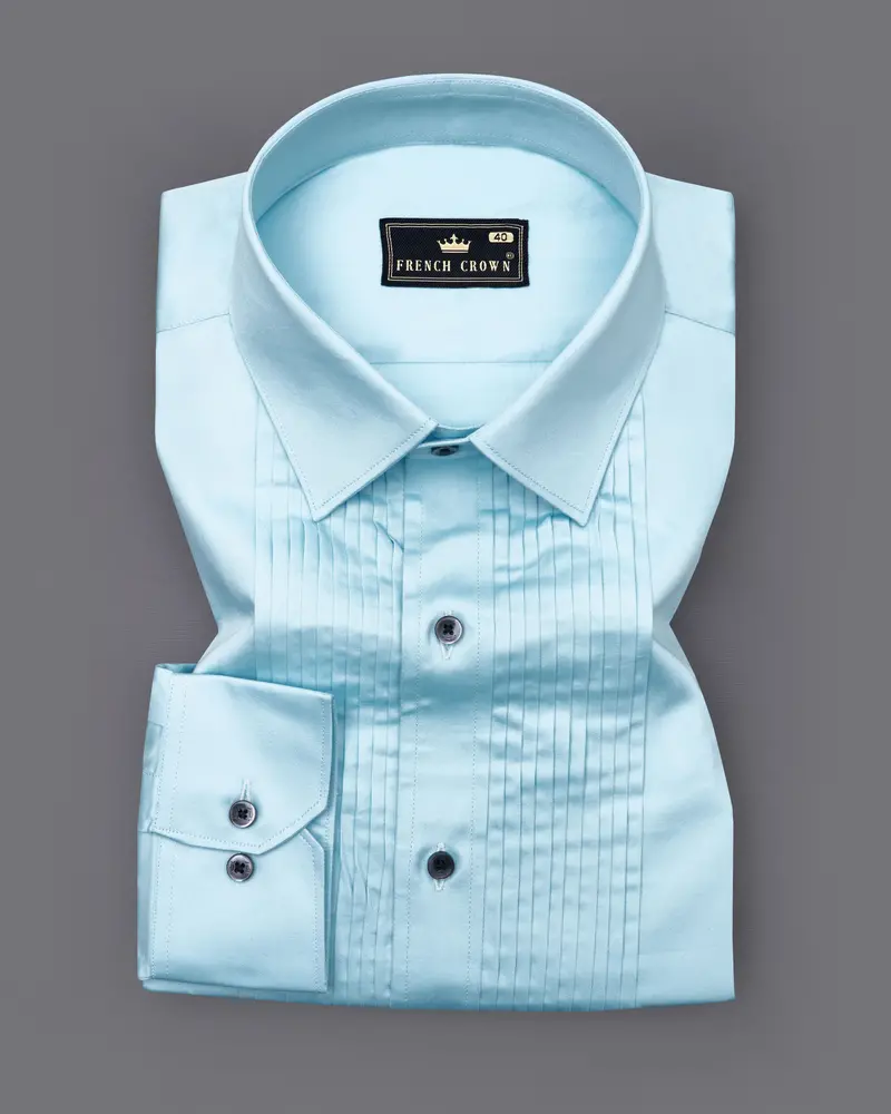 Turquoise Sky Blue Subtle Sheen Snake Pleated Super Soft Premium Cotton Tuxedo Shirt 2