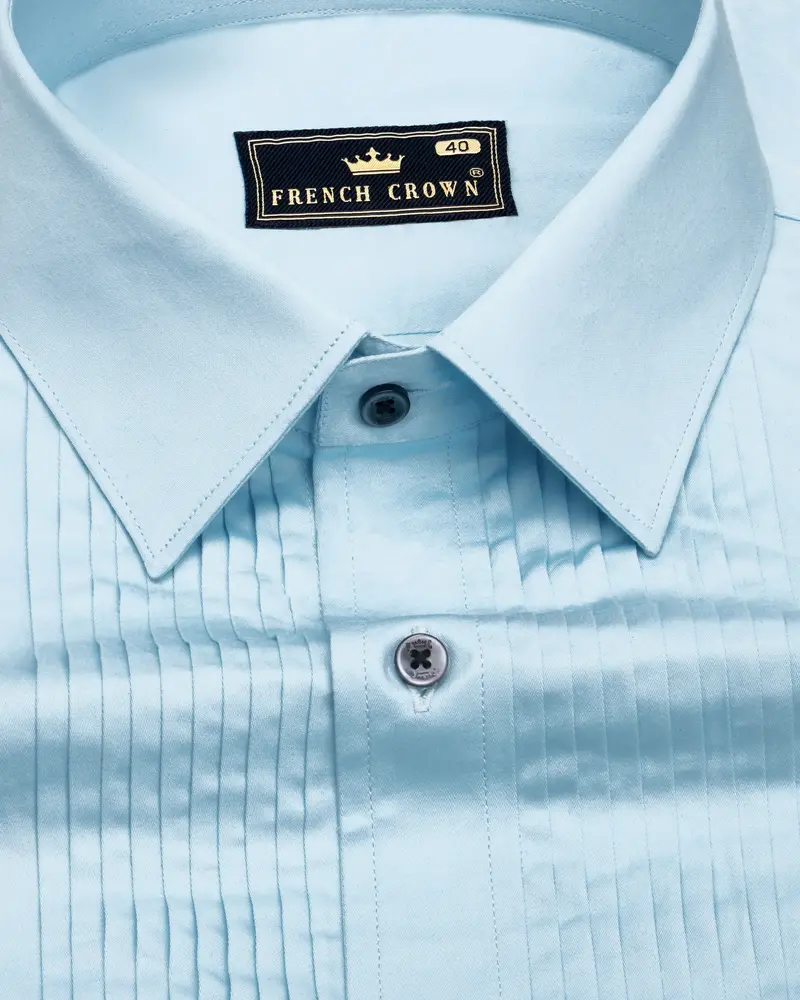 Turquoise Sky Blue Subtle Sheen Snake Pleated Super Soft Premium Cotton Tuxedo Shirt 4