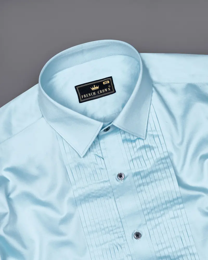 Turquoise Sky Blue Subtle Sheen Snake Pleated Super Soft Premium Cotton Tuxedo Shirt 5
