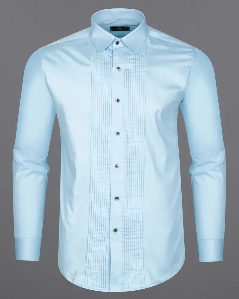 Turquoise Sky Blue Subtle Sheen Snake Pleated Super Soft Premium Cotton Tuxedo Shirt 6