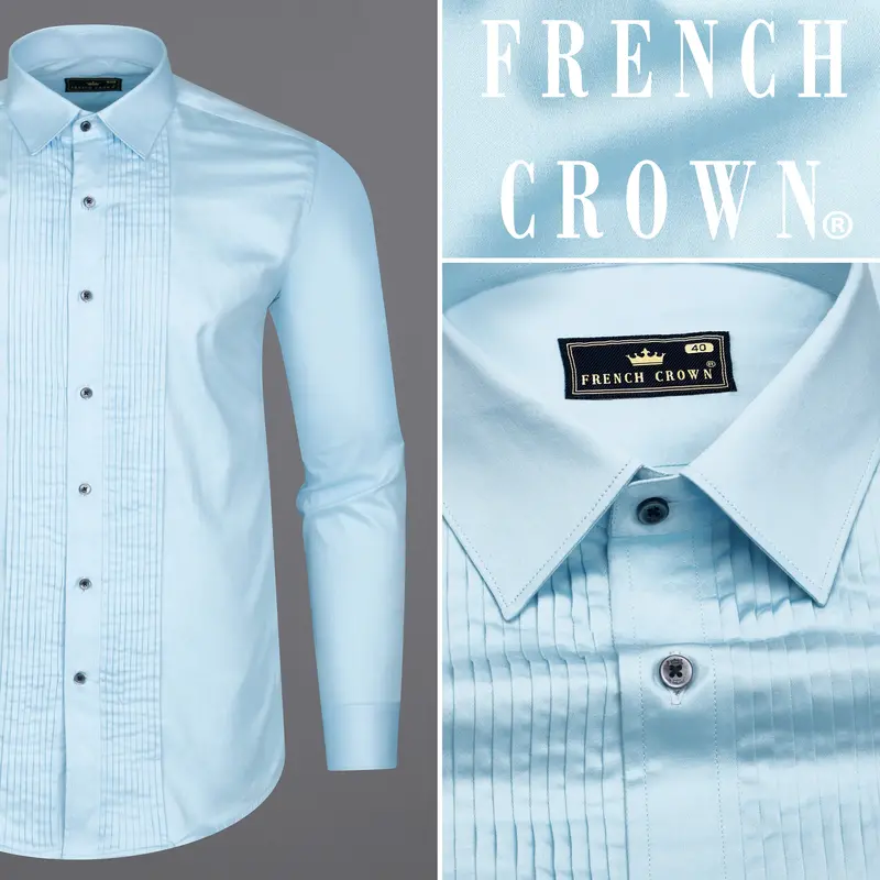 Turquoise Sky Blue Subtle Sheen Snake Pleated Super Soft Premium Cotton Tuxedo Shirt 9