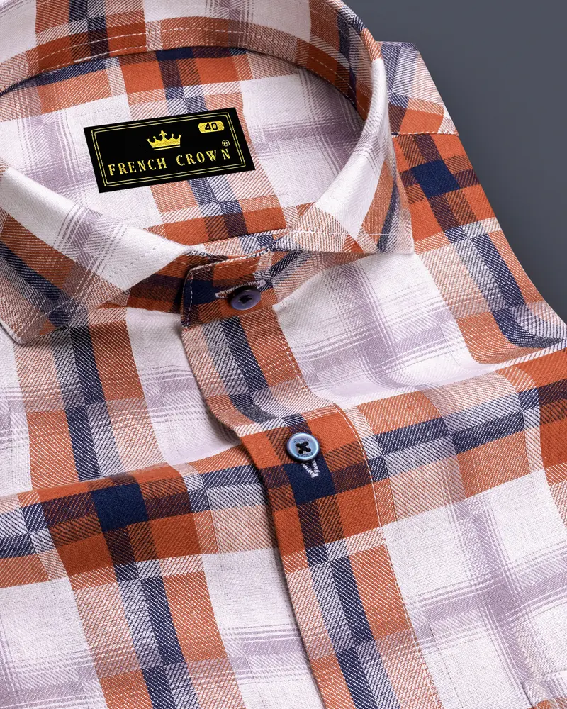 Tuscany Orange Twill Multicolour Checkered Premium Cotton Shirt 1