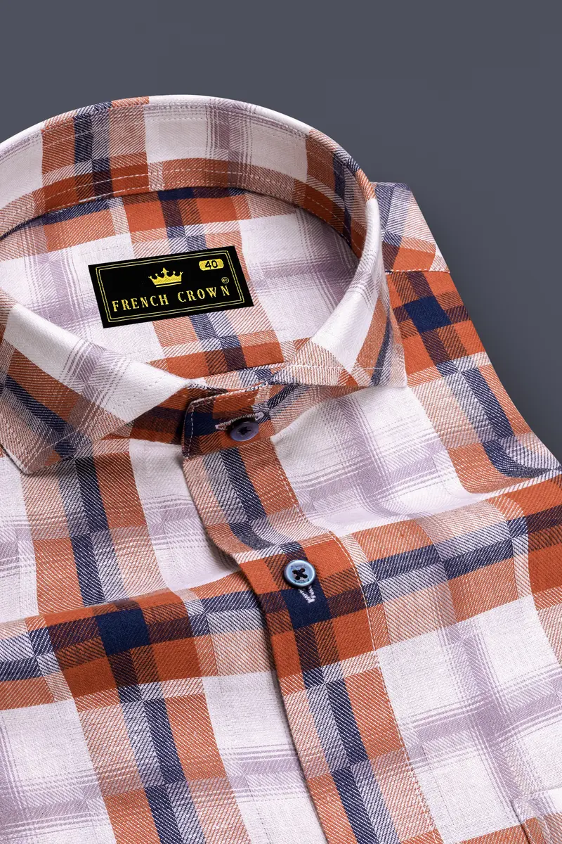 Tuscany Orange Twill Multicolour Checkered Premium Cotton Shirt 2