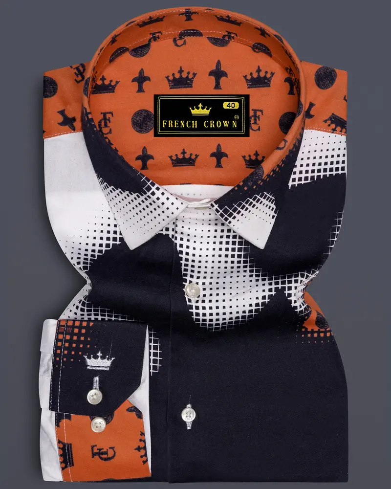 Tuscrest-Almost Blue And Tuscany Orange French Crown Elements Printed Super Soft Premium Cotton Casual Shirt 1