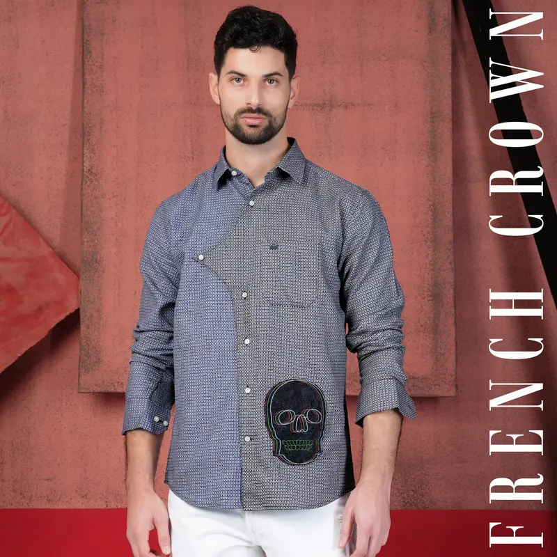 Twilight Blue And Baltic Sea Black Printed With Patchwork Dobby Textured Premium Giza Cotton Designer Shirt 1