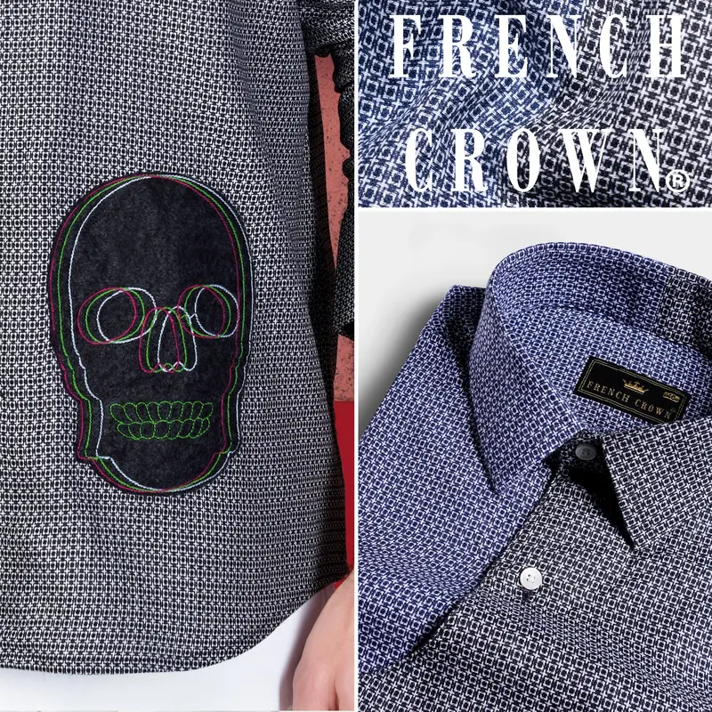 Twilight Blue And Baltic Sea Black Printed With Patchwork Dobby Textured Premium Giza Cotton Designer Shirt 10