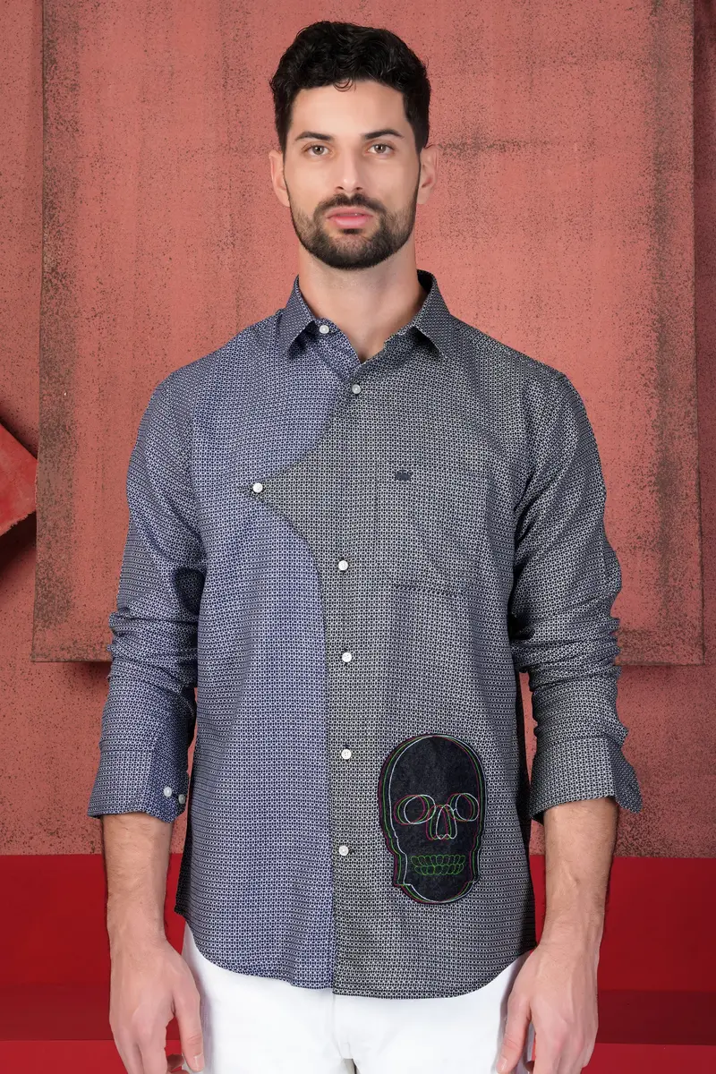 Twilight Blue And Baltic Sea Black Printed With Patchwork Dobby Textured Premium Giza Cotton Designer Shirt 2