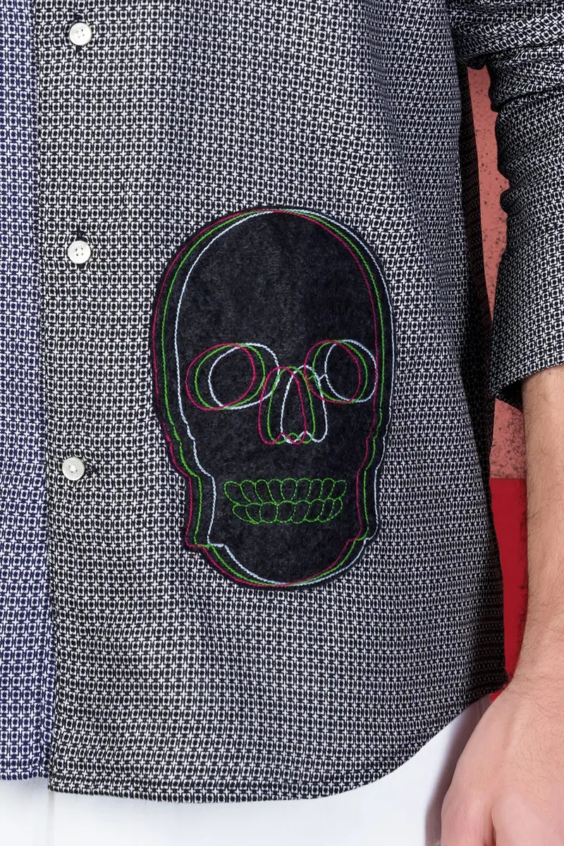 Twilight Blue And Baltic Sea Black Printed With Patchwork Dobby Textured Premium Giza Cotton Designer Shirt 4