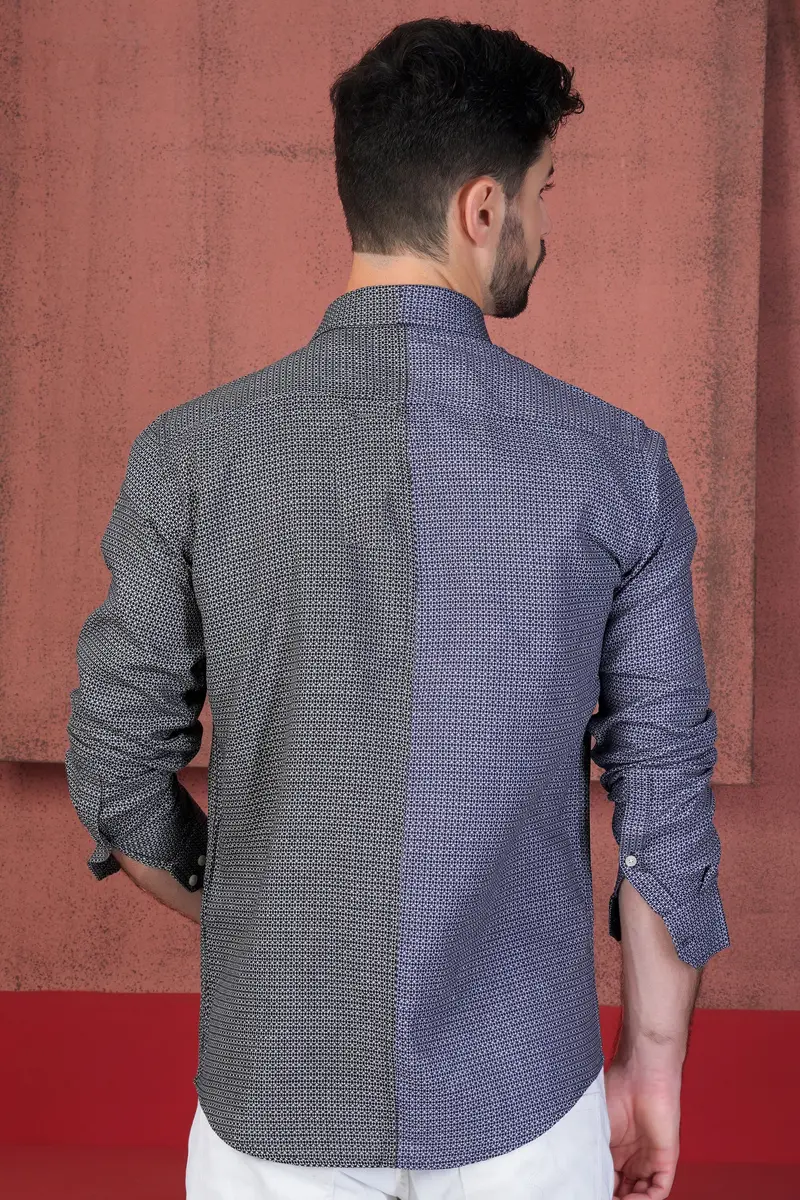 Twilight Blue And Baltic Sea Black Printed With Patchwork Dobby Textured Premium Giza Cotton Designer Shirt 5
