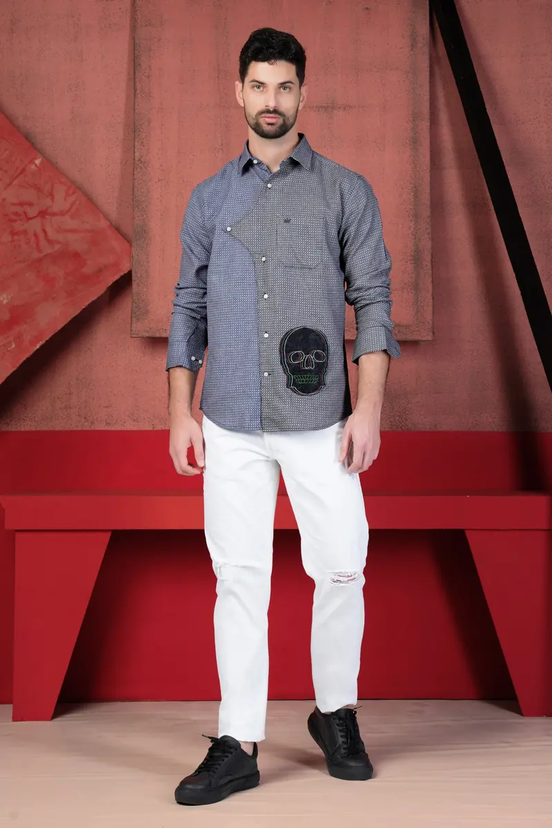 Twilight Blue And Baltic Sea Black Printed With Patchwork Dobby Textured Premium Giza Cotton Designer Shirt 6
