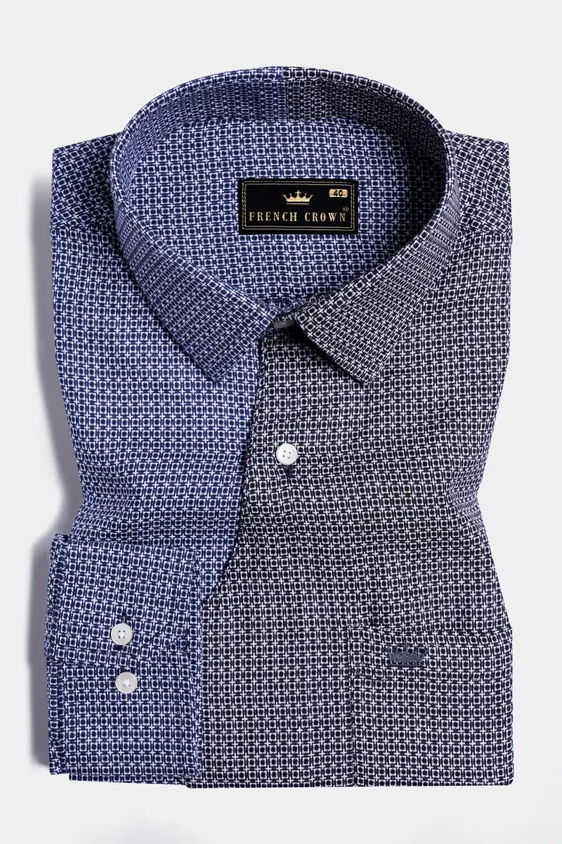 Twilight Blue And Baltic Sea Black Printed With Patchwork Dobby Textured Premium Giza Cotton Designer Shirt 7