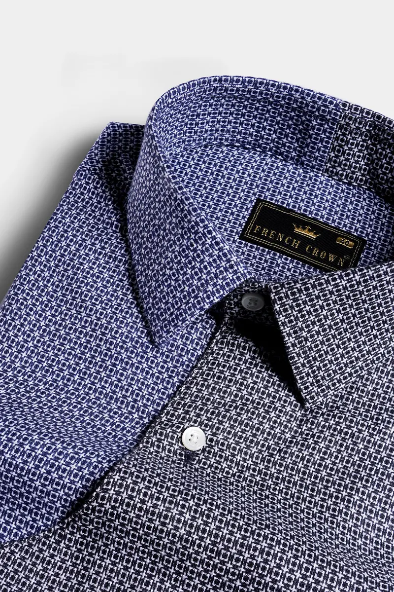 Twilight Blue And Baltic Sea Black Printed With Patchwork Dobby Textured Premium Giza Cotton Designer Shirt 8