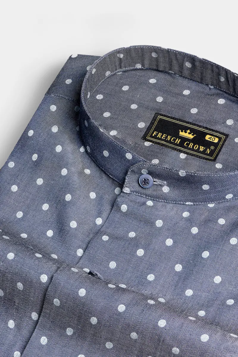 Twilight Blue And White Polka Dots Printed Denim Shirt 1