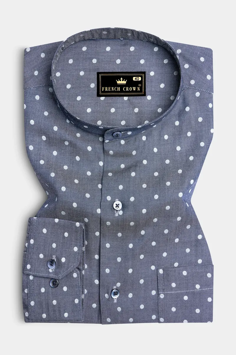 Twilight Blue And White Polka Dots Printed Denim Shirt 3