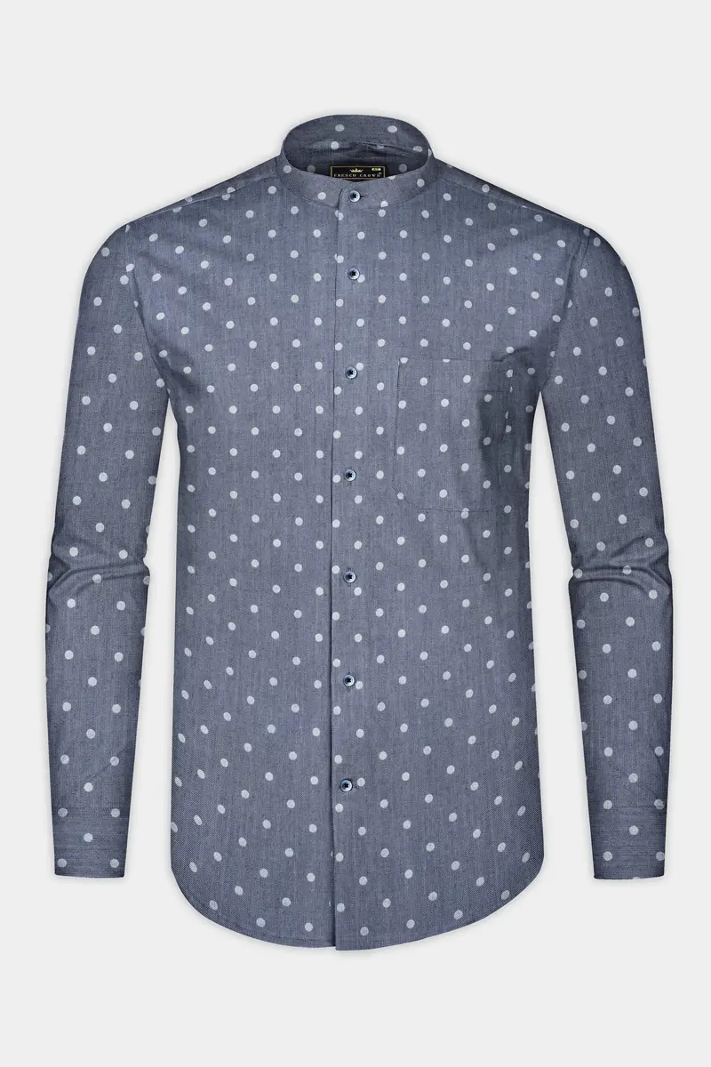 Twilight Blue And White Polka Dots Printed Denim Shirt 4