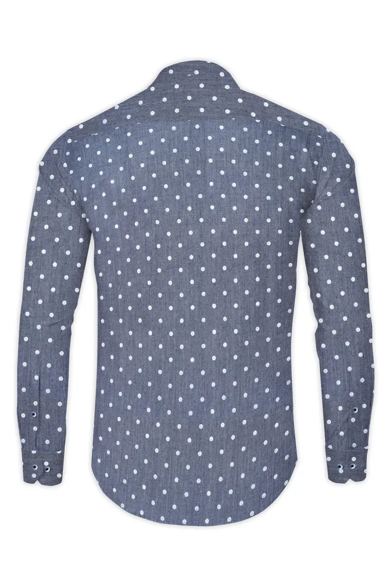 Twilight Blue And White Polka Dots Printed Denim Shirt 5