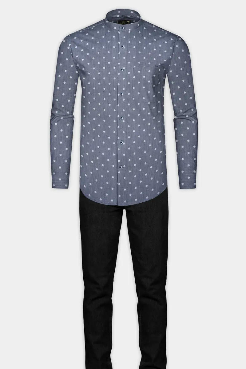 Twilight Blue And White Polka Dots Printed Denim Shirt 6