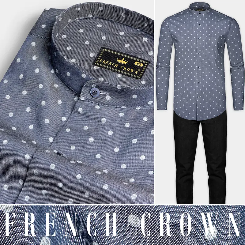 Twilight Blue And White Polka Dots Printed Denim Shirt 8