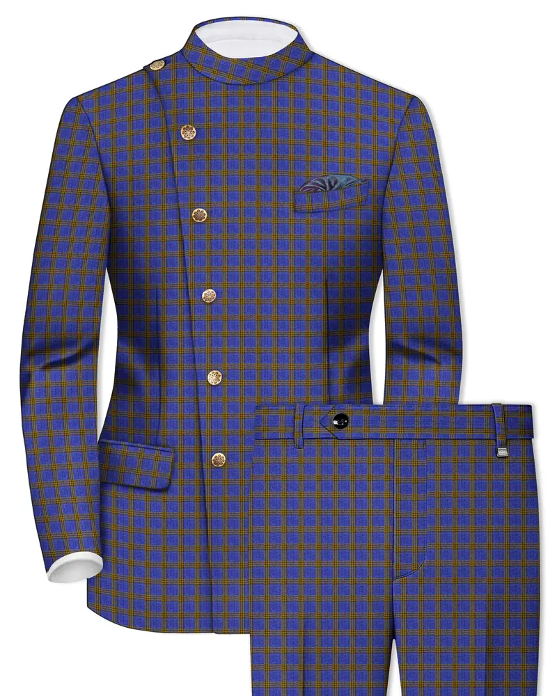 Twilight Blue With Alpine Brown Plaid Cross Placket Bandhgala Suit 1