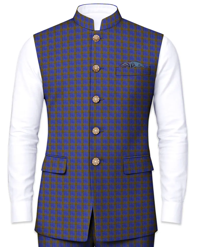 Twilight Blue With Alpine Brown Plaid Nehru Jacket 1