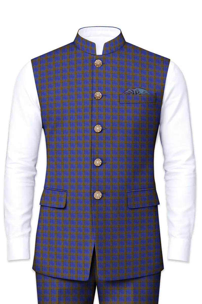 Twilight Blue With Alpine Brown Plaid Nehru Jacket 2