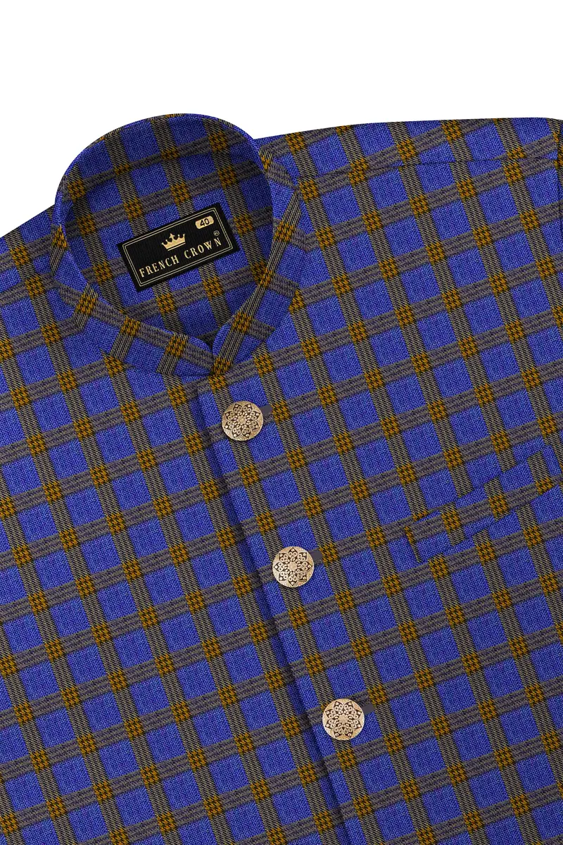 Twilight Blue With Alpine Brown Plaid Nehru Jacket 5