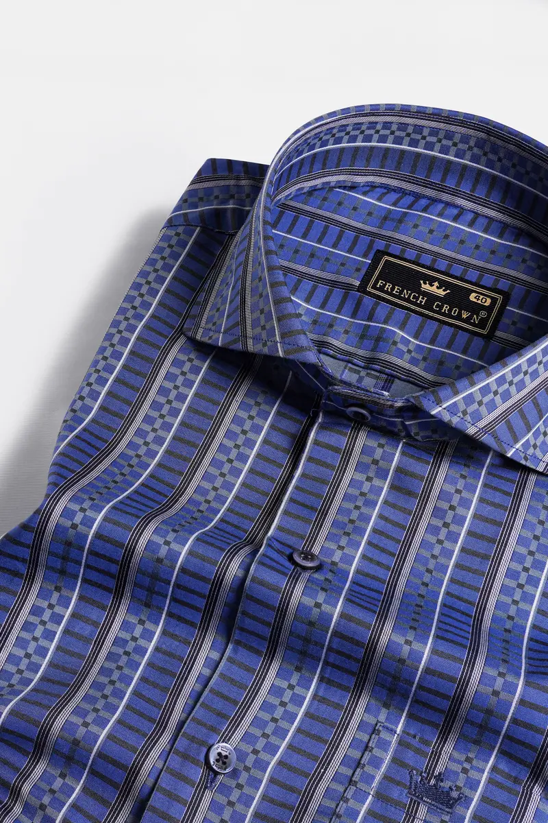 Twilight Blue With Jade Black Striped Jacquard Textured Premium Giza Cotton Shirt 1