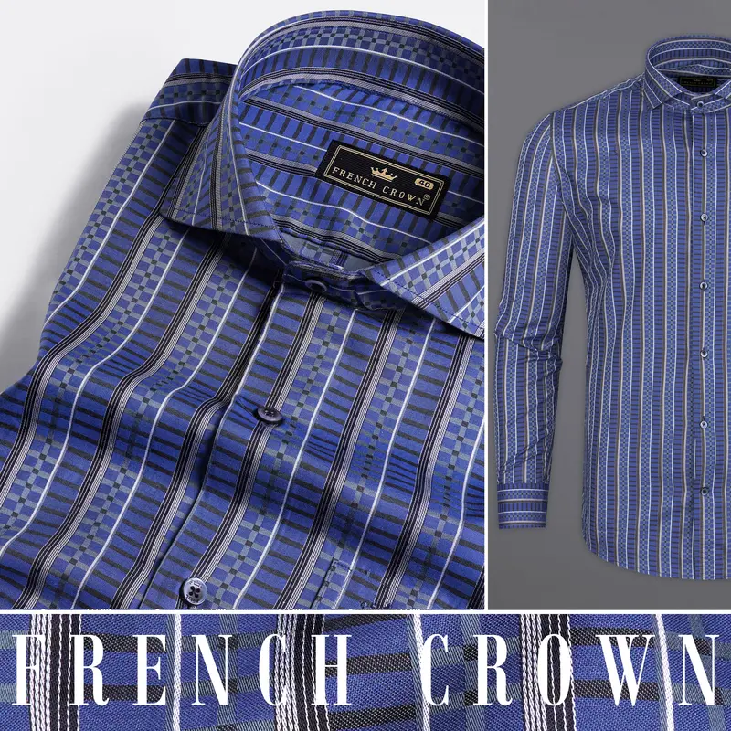 Twilight Blue With Jade Black Striped Jacquard Textured Premium Giza Cotton Shirt 10