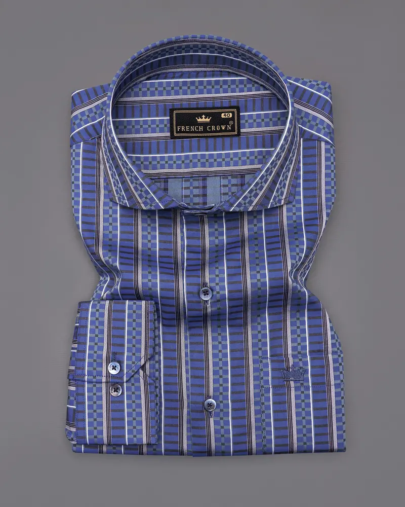 Twilight Blue With Jade Black Striped Jacquard Textured Premium Giza Cotton Shirt 3