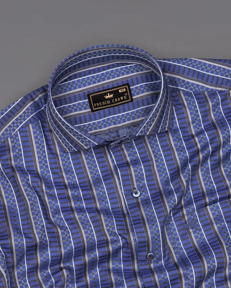 Twilight Blue With Jade Black Striped Jacquard Textured Premium Giza Cotton Shirt 4