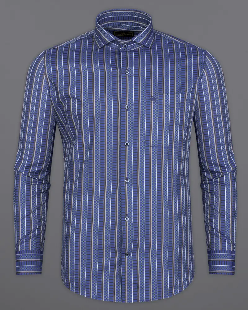 Twilight Blue With Jade Black Striped Jacquard Textured Premium Giza Cotton Shirt 5