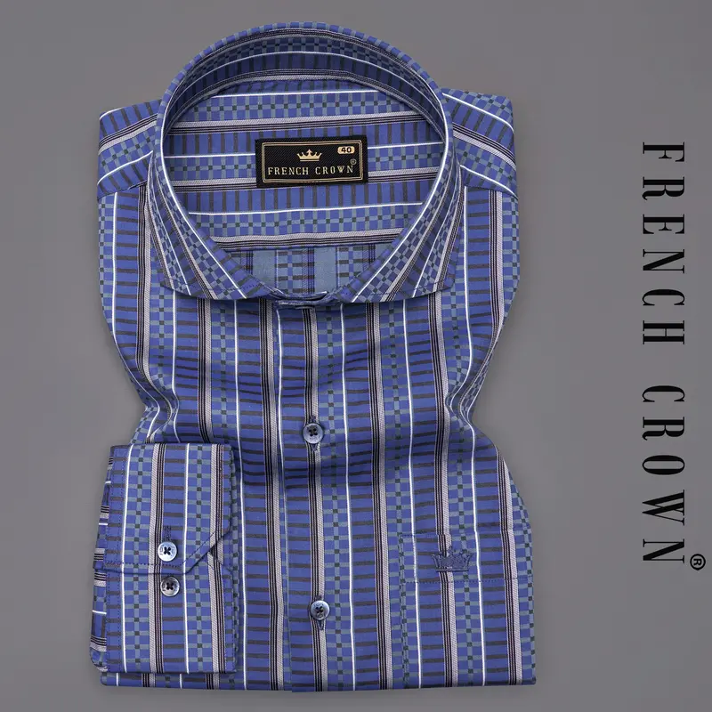 Twilight Blue With Jade Black Striped Jacquard Textured Premium Giza Cotton Shirt 7