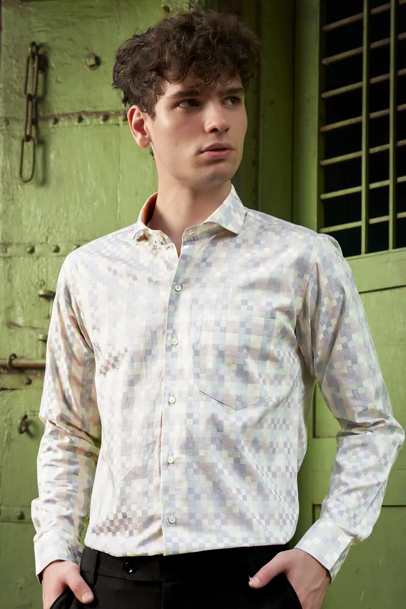 Twilight Pink And Cadet Blue Jacquard Textured Premium Cotton Dress Shirt 5